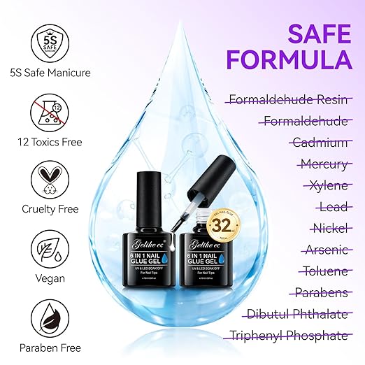 Gelike EC UV Nail Glue Gel: 32ML 6 in 1 Strong Glue Nail for Extension Home DIY Clear UV Cure Adhesive for Acrylic Nails & Press On Nails Tips 12 Toxic-Free (Pack of 2)