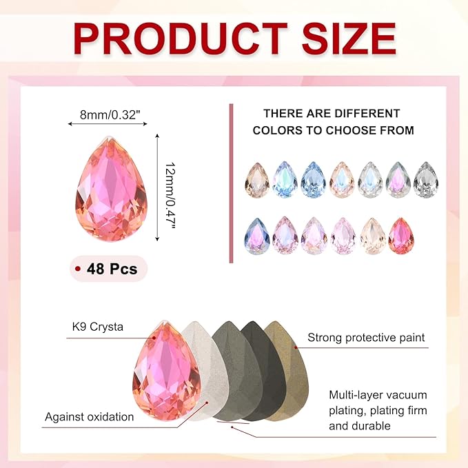 MECCANIXITY 48 Pcs 3D Teardrop Rhinestones Diamond Nail Charm Crystal Pointback K9 Glass Rhinestones Crystal Gems for Jewelry Making, Craft, 8x12mm, Dark Pink