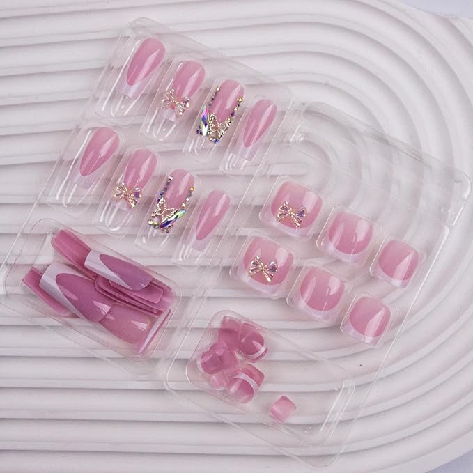 48Pcs Square Press on Nails Medium & Press on Toenails Set, White French Tip Fake Nails with Bow Designs Pink False Nails Short Press on Toe Nails Glue on Toenails Kit for Women Manicure