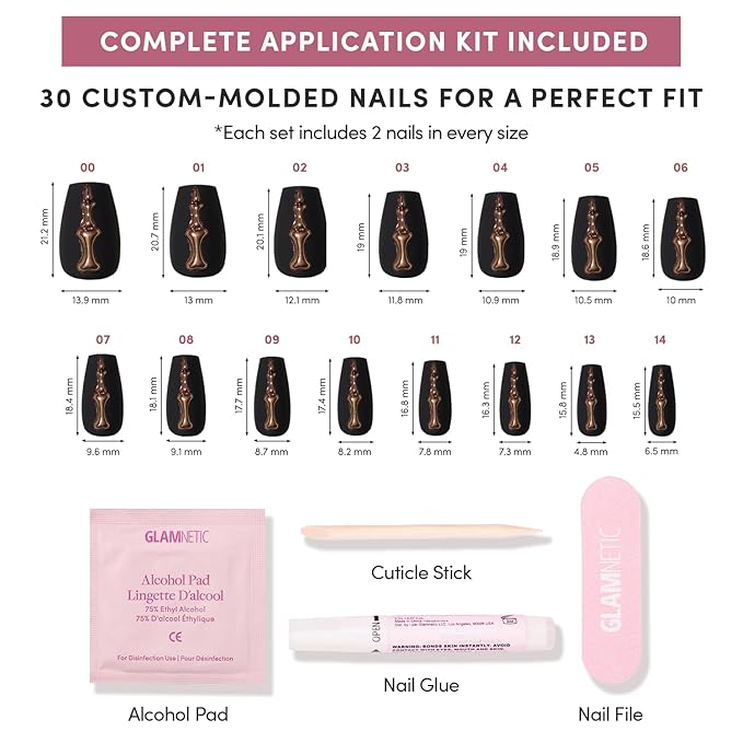 Glamnetic Press On Nails - Rosy Remains | Charcoal Gray 3D Skeleton Medium Coffin Fake Nails with Matte Finish, Salon Quality Halloween Nails | 15 Sizes - 30 Nail Kit with Glue