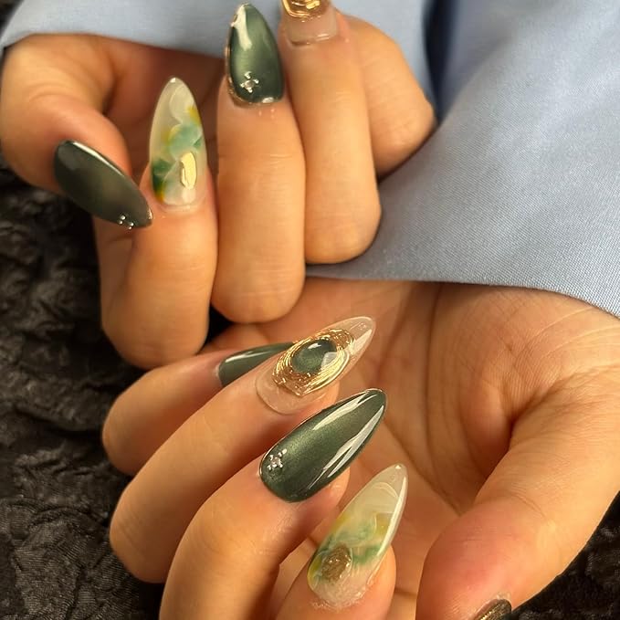 Handmade Press On Nails Short Almond, Greenish - Grey & Translucent Acrylic Fake Nails with Gold Accents, Luxury Press On Nails with Charm Design for Wedding & Party Wear(AKA 014, Short)