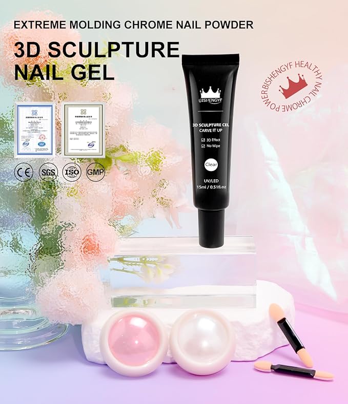 Chrome Nail Powder and 3D Nail Gel Kit BISHENGYF: 15g No Wipe 3D Sculpting Gel Aurora Mermaild Pink White Pearl Chrome Nail Powder with Clear 3D Carving Nail Molding Glue Set for Nail Art Decoration