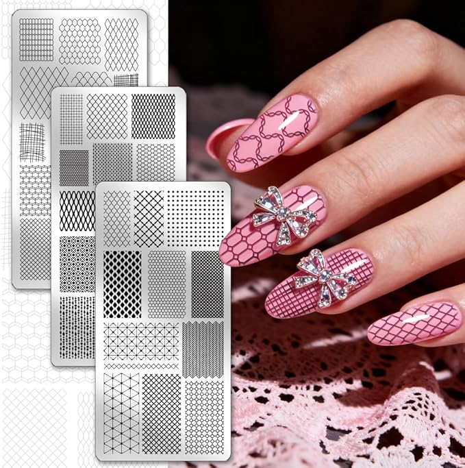 PH PandaHall 3pcs Geometric Grid Nail Stamping Plate Line Texture Nail Art Templates Rhombic Grid Nails Arts Stencils Nails Image Plates with Stamper and Scrapers for DIY Print Manicure Salon Design