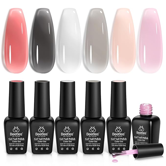 Beetles Jelly Gel Nail Polish Set, 6 Colors Nude Pink Red Gray Black White Gel Polish Kit Neutral Translucent Sheer Gel Soak off Uv Unfading Glow Collection French Nail Art Manicure Gift for Women