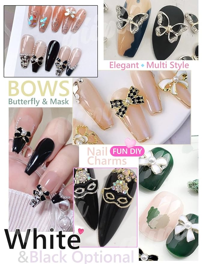 36Pcs Elegant Cute Charms for Nails Bow Butterfly Mask Luxury Kawaii Black White Rhinestones Pearls 3D Alloy Gems Cute Nail Art Charms for Acrylic Nails Face DIY Crafts Tumblers Bottles Shoes