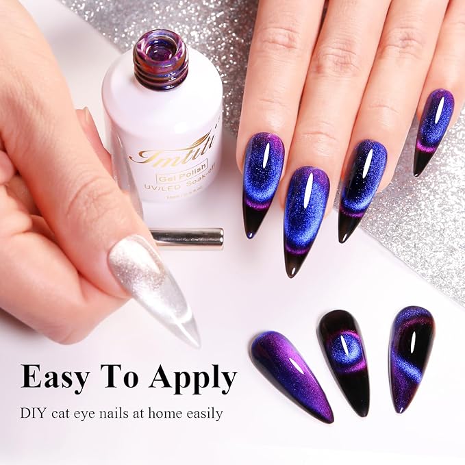 Imtiti 9D Cat Eye Gel Nail Polish, 15ML Blue Chameleon Holographic Glitter Cat Eye Gel Polish with Magnet UV LED Magnetic Nail Polish Sparkly Home DIY Manicure Nail Salon Kit