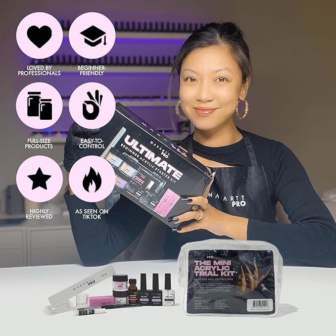 MakarttPro Mini Acrylic Nail Kit for Beginner Nail Technicians 12pcs - Starter Set with Pink & Clear Acrylic Powders, EMA Monomer, Kolinsky Brush and Nail Essentials