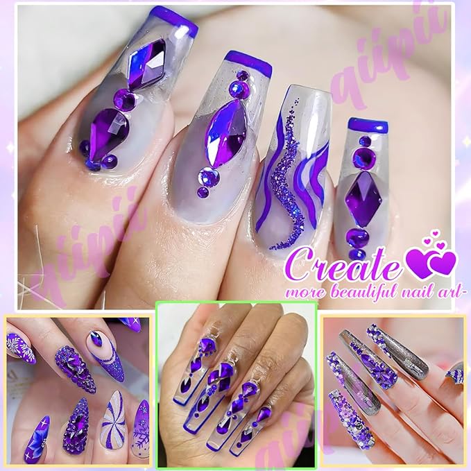 2052Pcs Purple Violet Nail Rhinestones Glass Dark Purple Rhinestones for Nails 72 Multi Shapes Big Gems +1980 Flatback Round Beads Crystals Diamonds Jewels Nail Art Charms for Faces Eyes Makeup