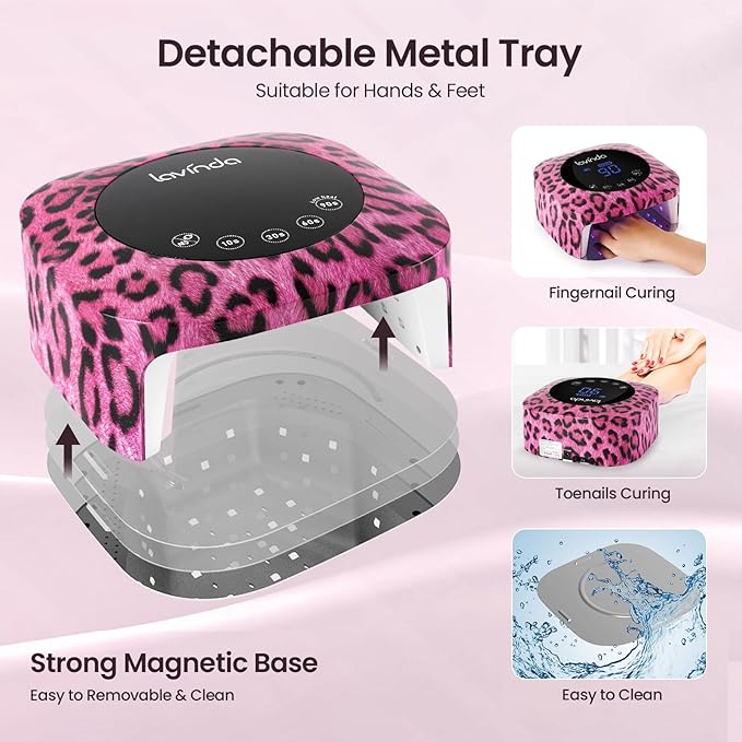 Lavinda Cheetah Nail Lamp, UV Light for Gel Nails Cordless UV LED Nail Lamp Lampara Led para Uñas Profesional with 4 Timer Settings Auto ON/Off Sensor for Salon Home Nail Technician - Pink