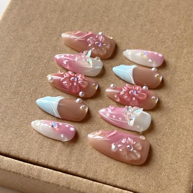 Press On Nails Medium Almond Nails, Handmade 3D Design Fake Nails with Thick Acrylic Multi-Layer Gel Nails, Reusable Durable DIY Artificial Nails for Women (10 Pieces)