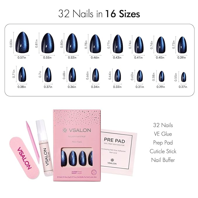 VSALON Press on Nails Almond Short for Newbies, Dark Blue Cat Eye Chrome Glossy Glitter Stick On 32 pcs Fake Nails Kit in 16 Sizes, Reusable Opaque Gel Nails with Glue, Cuticle Stick & Nail Buffer