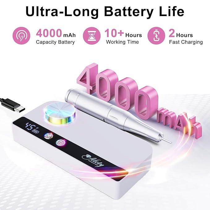Nail Drill Professional 45000RPM Electric Nail File Kit, Upgraded Rechargeable Cordless Efile Set, Portable Acrylic Gel Nail Polish Remover Machine,Manicure Tool with 11 Gold Bits for Home/Salon