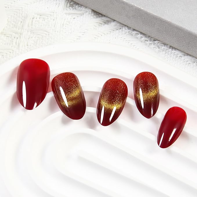 Red Cat Eye Press On Nails - Almond Glitter Static Fake Nails, Handcrafted Reusable Manicure for Glam Party Style, 24 Nails in 12 Sizes with Glue, Tabs, File, Prep Pad, Manicure Stick