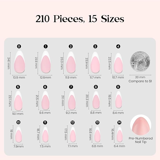 Beetles French Tips Press On Nails-210 Pcs Pink French Tip Nails Medium Almond Fake Nail Tips, Soft Gel Nails False Nails Art DIY Gift For Women
