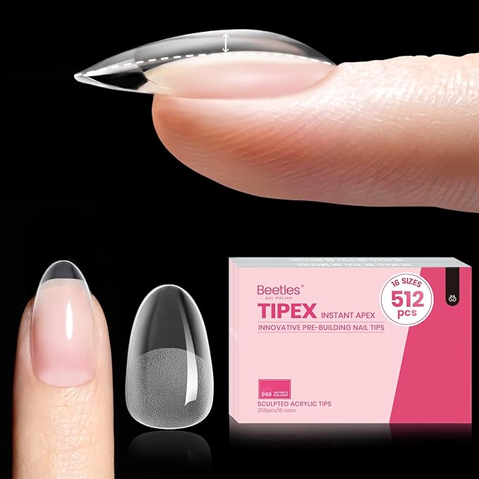 Beetles Tipex Instant Apex Nail Tips Short Oval, 512Pcs 16 Sizes Pre-Building & Pre-Etched Gel Nail Tips Thicker Acrylic Nails Strong Full Cover False Nail Extension Press-on Nails