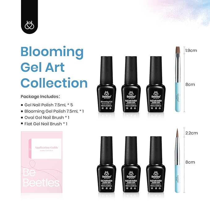 Beetles Gel Nail Polish with Blooming Gel, 5 Colors Neon Pink Green Blue Purple Yellow Nail Polish Clear Blooming Polish for Spreading Effect2 Nail Art Brushes UV/Led Gift Set for Women