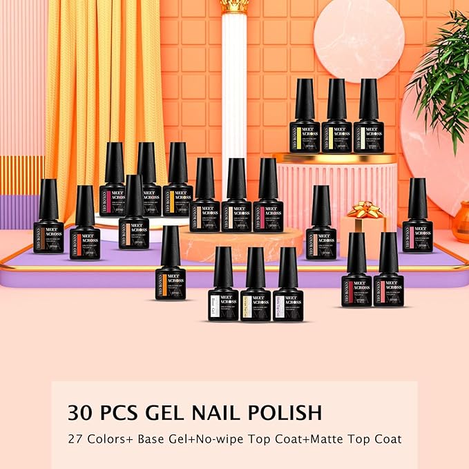 MEET ACROSS Gel Nail Polish Set,Gel Nail Kit Art Design Soak Off UV LED,Nail Art Design Gifts for Women (Set-9, 30PCS)