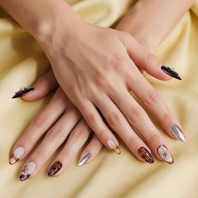 Vintage Luxury Handmade Press On Nails – Glossy Amber False Nails with 3D Carved Flower, Cross Charms & Rhinestones, Reusable Stick on Sculpted Nails for Women (Size M)