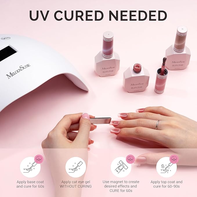 MelodySusie Glass Cat Eye Gel Nail Polish, Mist Pink Glitter Holographic Magnetic Nail Polish with Magnet, 0.5 Fl Oz UV Nail Polish for Nail Art Manicure Salon DIY at Home B5604
