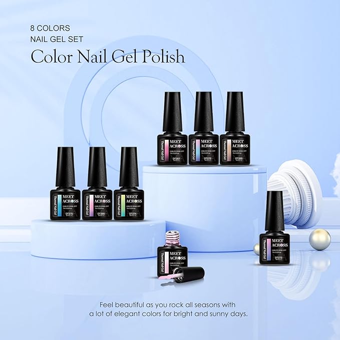 MEET ACROSS Color Changing Gel Nail Polish Kit, 8 Colors Pink Red Blue Purple Temperature Change Gel Polish Soak Off Uv Led Diy Nail Art Salon Manicure Gifts for Women