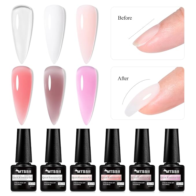 MTSSII 9Pcs Builder Gel for Nails Set, Shine Finish and Long Lasting, Soak Off LED Transparent White Nude Pink Nail Strengthener for Beginners DIY