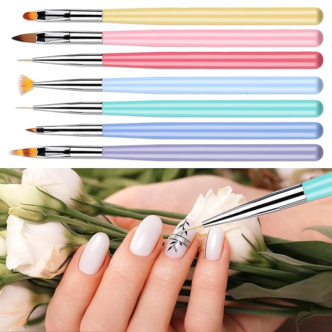 SILPECWEE 7pcs Acrylic Nail Art Brush Set Nail Polish Brushes Nail Design Tools with Extension Gel Brush Polish Brush Carved Brush Nail Art Liner Brushes Manicure Brush Nail Art Tools