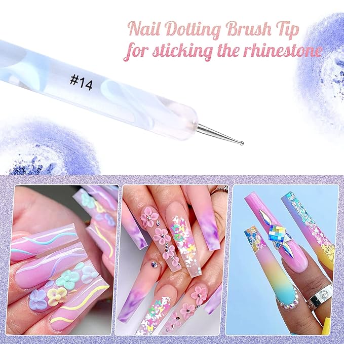 French Manicure Two-Way Nail Art Brush With Dotting Tool for Cuticle Clean Up and Design - Professional Salon Quality (14#, Blue)