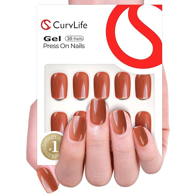 Curvlife Press On Nails – 30PCS Full Cover False Natural Fit Soft Gel Fake Nails Tips, Easy to Apply at Home Glue On False Nails Kit (Orange Red Solid, Short)