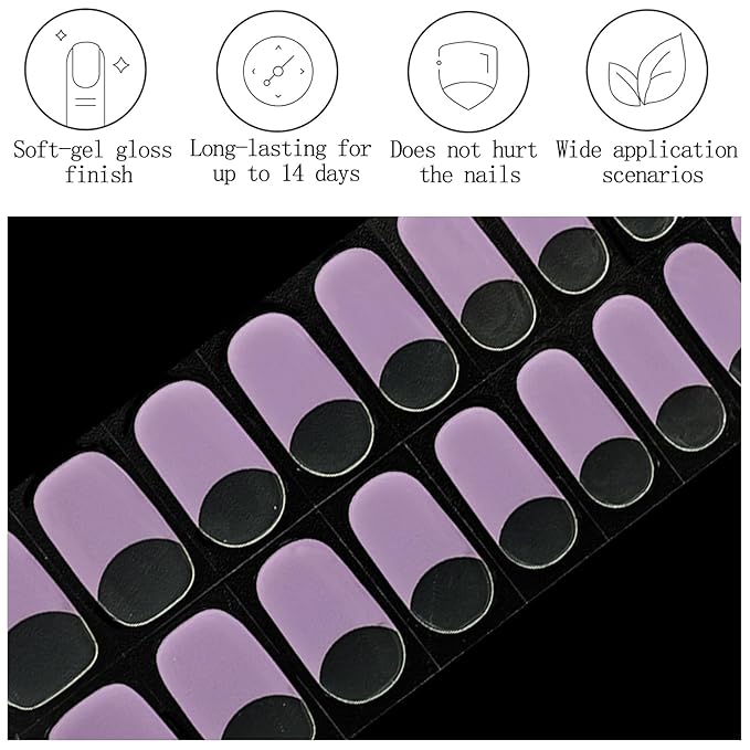 Clear Semi Cured Gel Nail Strips French Tip 20Pcs Dusty Purple UV Gel Nail Stickers Glossy Nails Polish Strips UV/LED Light Needed Self Adhesive Full Polish Nails Wraps for Women