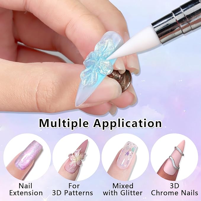Solid Builder Gel for Nails, Aurora Purple Pink Blue and Clear 3D Nail Art Gel Non-Stick Hand Sculpture Hard Gels Extension Glue with Silicone Carving Pen Manicure DIY Salon Home