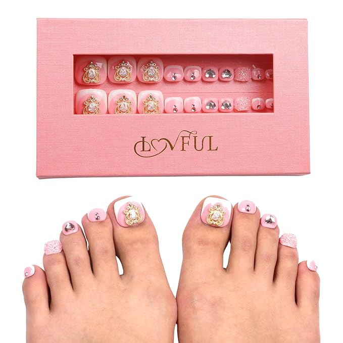 LOVFUL Handmade Acrylic Press on Toenails Sweet Elegance | Salon Quality 20 PCS Free Size Toe Nails | Reusable Fake Nails for Toe | T34