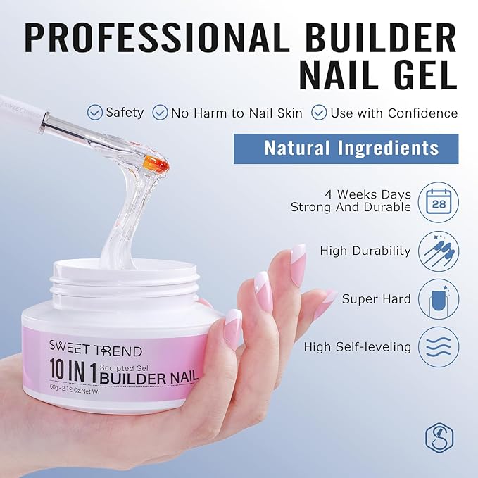 Clear Builder Gel for Nails: Sweet Trend 10 in 1 Hard Gel Scuplted Kit - 60g LED/UV Strengthen Nail Art for Base Rhinestone 3D Extension Sculpting Overlay Tips - Manicure Set with Forms & Brushes