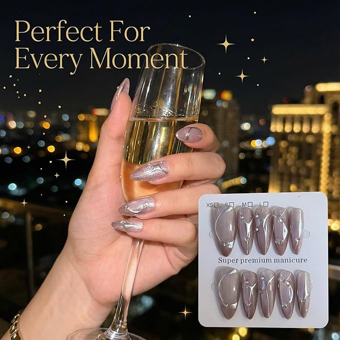 10pcsHandmade Press On Nails Nail Gift Kit Set with Tools Reusable Fake Nail in Soft Nude Pink with Silver Line Art and Rhinestone Detail Almond Shape for Women(L)