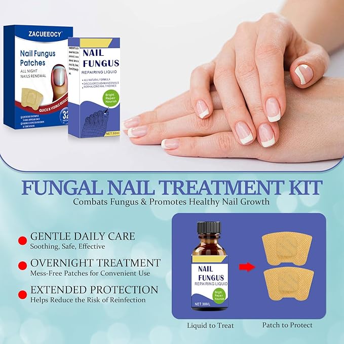 Toenail Fungus Treatment Extra Strength Kit, 30ml Nail Repair Solution and 32 Nail Renewal Patches for Damaged Thick Discolored Toenails and Fingernail