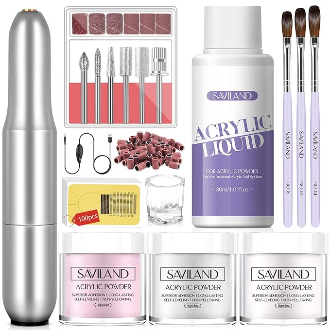 SAVILAND Acrylic Nail Kit with Drill: Professional Nails Kit Acrylic Set for Beginners with Everything White Pink Clear Acrylic Powder and Liquid Set Brushes 100 Forms Manicure Tools Home Salon DIY