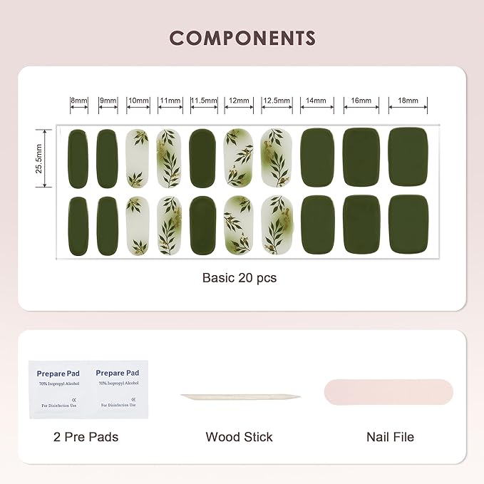 Semi Cured Gel Nail Strips – Real Gel Nails Polish Wraps for Brittle Nails | Waterproof Long Lasting Easy Peel-Off Removal | Hema-Free | 20-Piece Green Floral Salon Kit with File & Stick