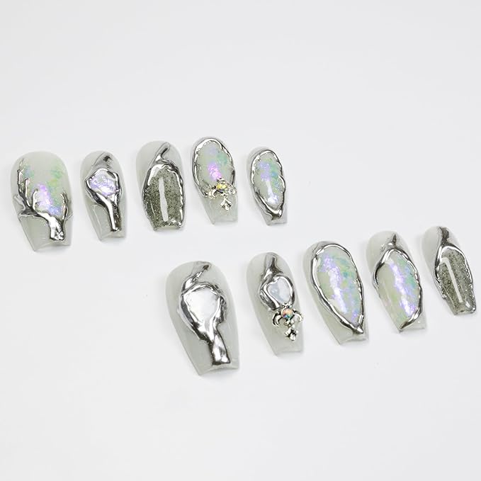 Press on Nails, Short Ladder Fake Nails Phantasmagoria False Nails Middle Silver Press on Nails for Women Girls Nail Art Decoration