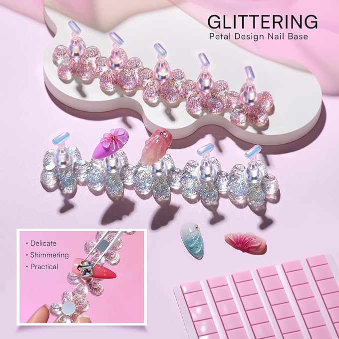 Makartt Press on Nail Stand: Magnetic Nail Holder for Painting Nails DIY Pink and Clear for Art Display Practice, Pink & Clear Glitter Flower Fake Holder for Home Salon with Reusable Adhesive Putty