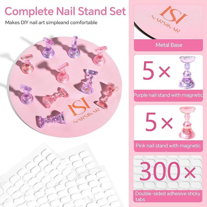 Nail Stand Set, Magnetic Nail Stands for Press ons False Nail Tips Practice Acrylic Nail Holder for Painting Nails with 300pcs Sticky Tabs (Pink)