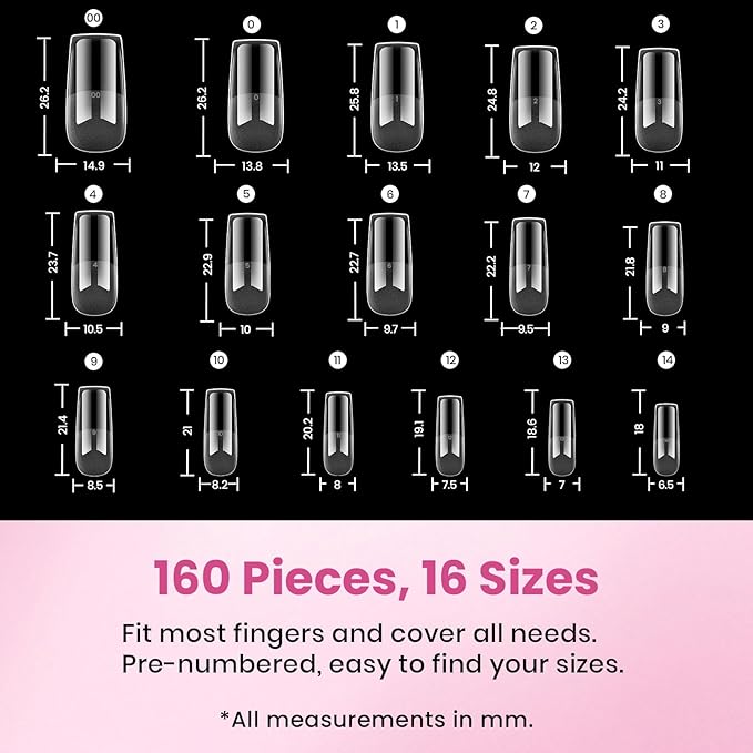 Beetles Flat-X Gel Nail Tips - Medium Square Press-On Nails 16 Sizes 160 pcs | Pre-Etched Half-Matte Full-Cover Soft Gel Tips Fake Nail for Flat & Natural Nail Beds - Easy DIY Salon