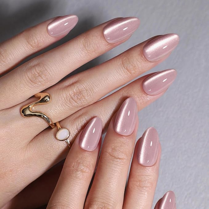 Pink Cat Eye Press on Nails Short - SHANGMENG Soft Gel Press on Nails Almond for Women Gift, Fit Perfectly & Natural Glue on Nails in 16 Sizes - 32 Reusable Fake Nails with Glue, Beige Pink