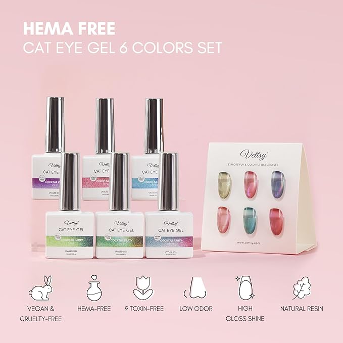 vettsy Magnetic Gel Nail Polish Set with Magnet, 6 Colors Cat Eyes Gel Polish Kit with Cat Eyes Effect for DIY Nail Art Manicure at Home (Cocktail Party)
