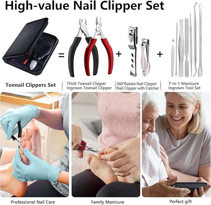 Nail Clippers Set Toe Nail Clippers Set, Finger Nail Clippers with Toenail Tool Set for Thick Nails,11 Pack Nail Kit for Seniors Man and Women