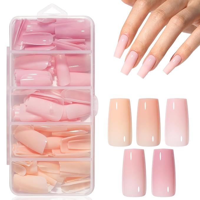 AILLSA RealFit Nude Pink Press On Nails Medium Square - Pre-Shaped 4 in 1 False Nails Set, Long-Lasting Nail Extensions for Salon Home DIY Gifts 140 PCS
