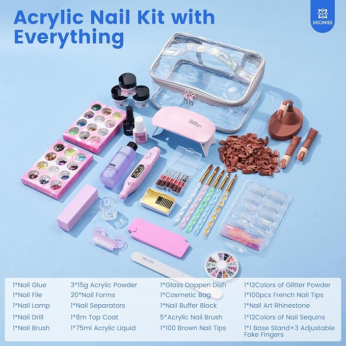 Nail Kit for Beginners with Everything: Professional Nail Acrylic Powder Liquid Set with Practice Finger Drill U V Light in Makeup Bag for Women Salon Home (Silver)