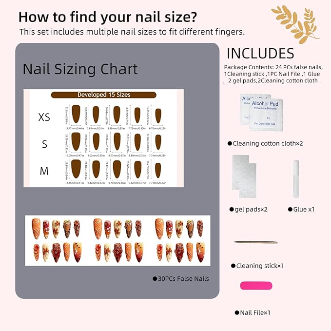 Spring Summer Press on Nails, Almond Fake Nails with 3D Flower & Butterfly Design, Glossy Acrylic False Nails with Rhinestones for Women Girls, 30Pcs