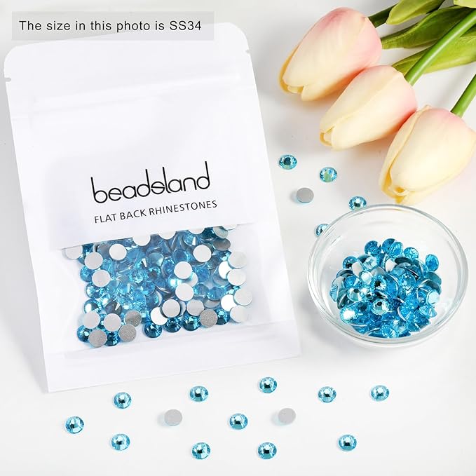 Beadsland Flat Back Crystal Rhinestones Round Gems for Nail Art and Craft Glue Fix, Aquamarine, 7.0-7.3mm, SS34/288pcs