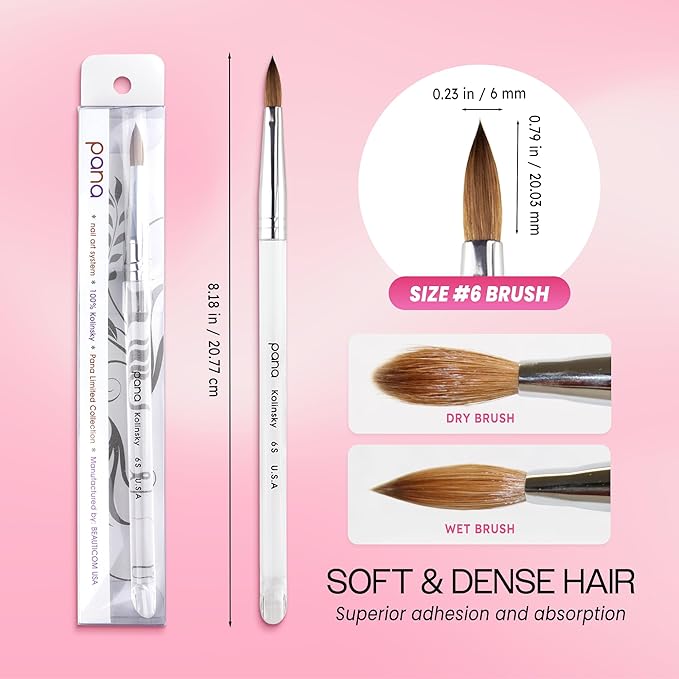 PANA Pure Kolinsky Hair Acrylic Nail Brush - Oval Crimped Shape Silver Ferrule with Clear Acrylic Handle (Size 6)