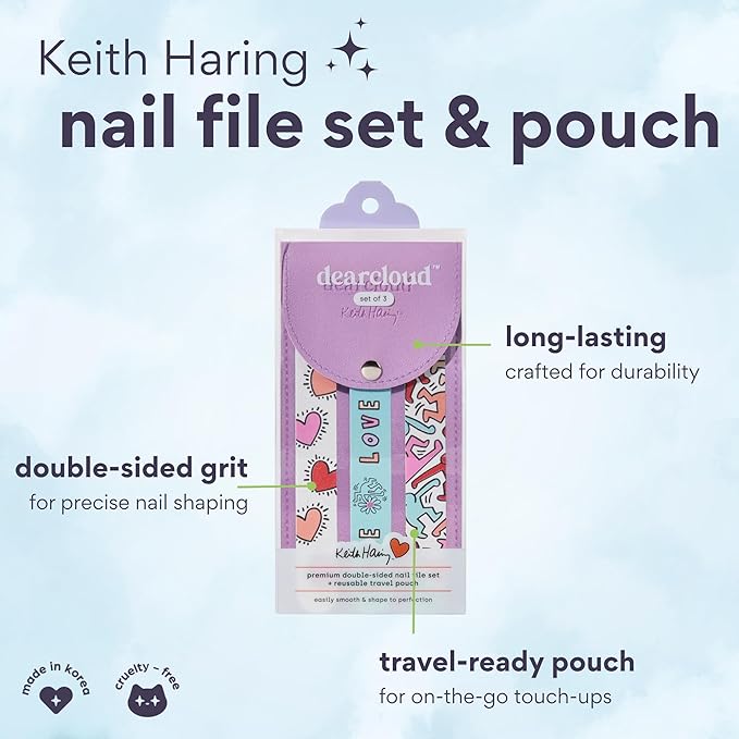 Keith Haring Nail Files Set - Double-Sided Emery Boards with Travel Pouch