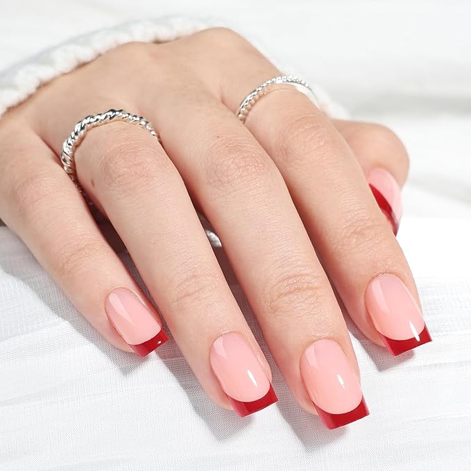 Red French Tip Press On Nails - Short Square Red Tips Press on Nails Glossy Nails Press Ons for Women DIY Fake Nails Kit with Glue, Reusable Glue on Nails Short in 16 Sizes - 32pcs, Cherry Tip